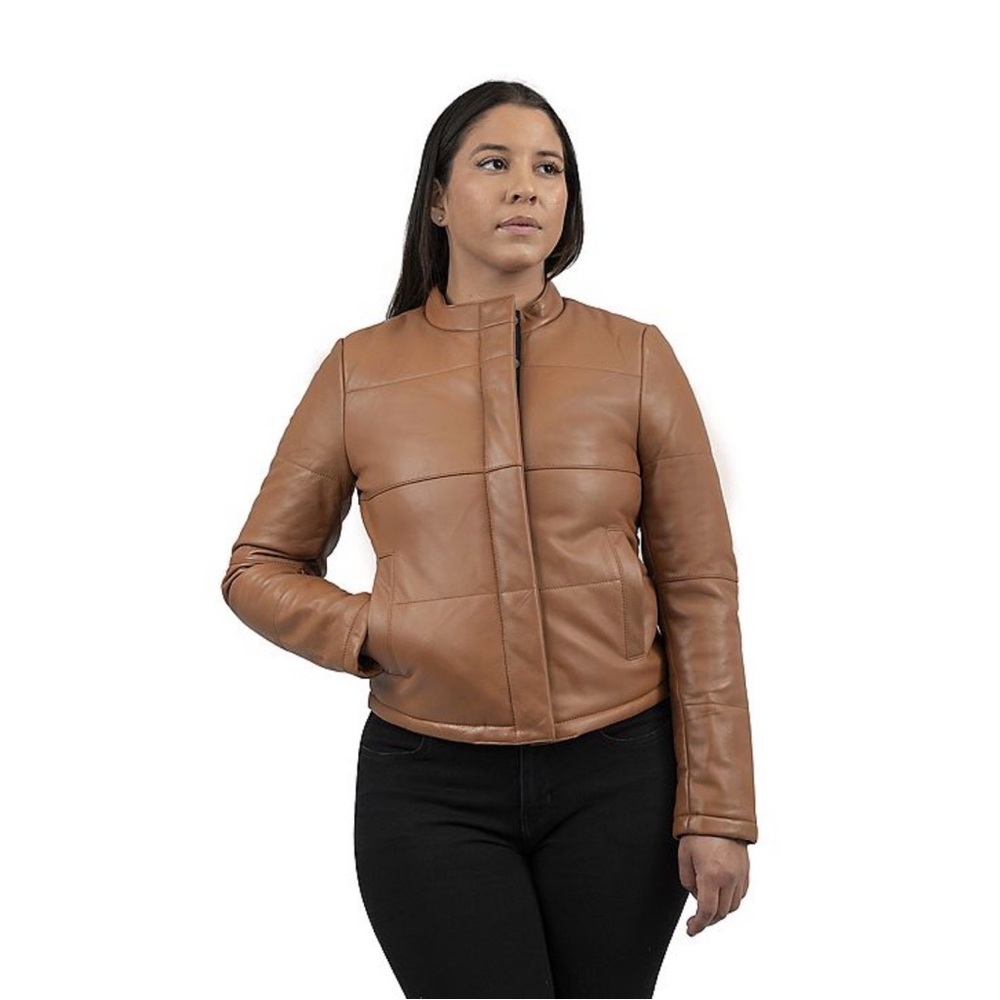 NEW Women's Whet Blu Melyssa Leather Puffer Short Jacket Cognac Size Medium